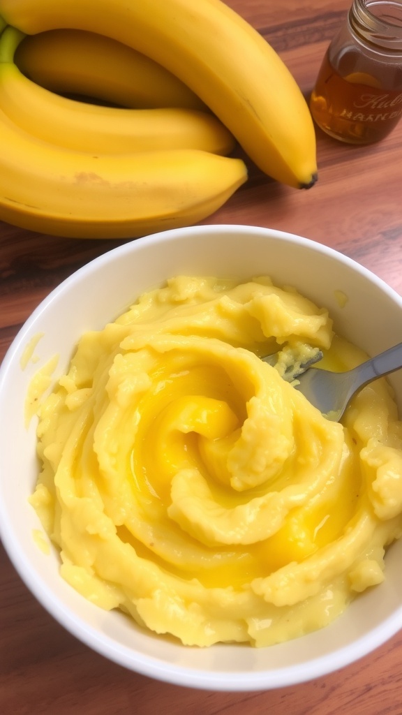 A bowl of creamy mashed bananas with a fork on a wooden countertop, surrounded by whole bananas.